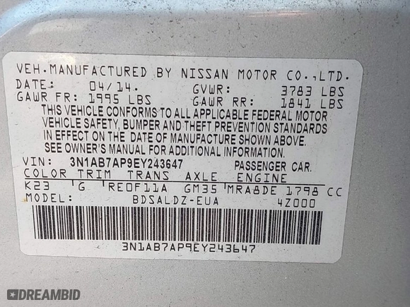 2014 Nissan Sentra SV with VIN 3N1AB7AP9EY243647, listed as a IAAI auction lot 42076843 with 158,891 mi miles. Bid and sale history available at carsss.com. Image 9.