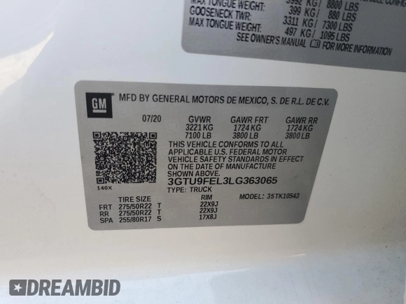 2020 GMC Sierra 1500 Denali z VIN 3GTU9FEL3LG363065, wystawiony jako Copart lot #57726665 z przebiegiem 93 330 mil mil oraz Szkoda całkowita • Salvage title. Historia ofert i sprzedaży dostępna na DreamBid. Obrazek 12.