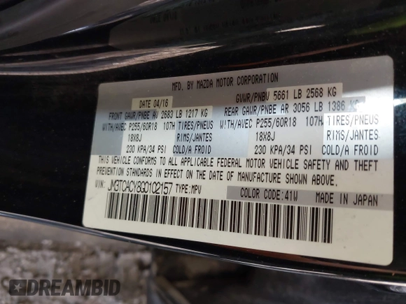 2016 Mazda CX-9 Touring with VIN JM3TCACY8G0102157, listed as a IAAI auction lot 41670673 with 87,796 mi miles and . Bid and sale history available at carsss.com. Image 9.