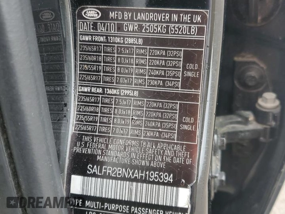 2010 Land Rover LR2 HSE with VIN SALFR2BNXAH195394, listed as a Copart auction lot 58481695 with 143,218 mi miles and Salvage title. Bid and sale history available at DreamBid. Image 13.