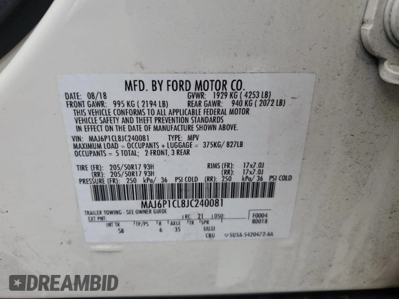 2018 Ford EcoSport SES z VIN MAJ6P1CL8JC240081, wystawiony jako Copart lot #83957294 z przebiegiem 39 193 mil mil oraz Szkoda całkowita • Salvage title. Historia ofert i sprzedaży dostępna na DreamBid. Obrazek 13.