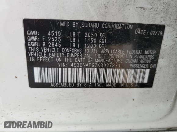 2019 Subaru Legacy Premium with VIN 4S3BNAF67K3027371, listed as a Copart auction lot 59014823 with 41,357 mi miles. Bid and sale history available at carsss.com. Image 14.