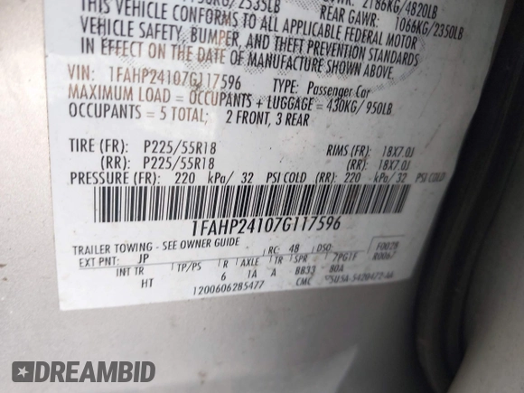 2007 Ford Five Hundred SEL with VIN 1FAHP24107G117596, listed as a IAAI auction lot 42516507 with Not provided miles and . Bid and sale history available at DreamBid. Image 9.