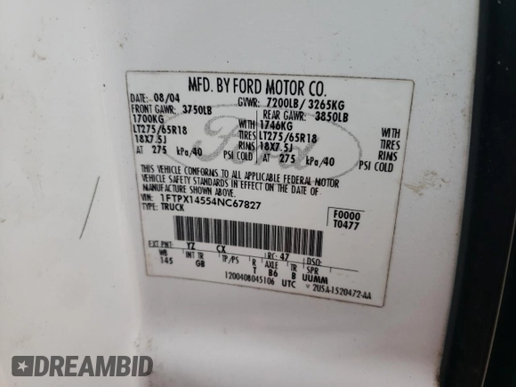 2004 Ford F-150 XLT with VIN 1FTPX14554NC67827, listed as a Copart auction lot 88398475 with 0 mi miles and Salvage Title. Bid and sale history available at carsss.com. Image 14.