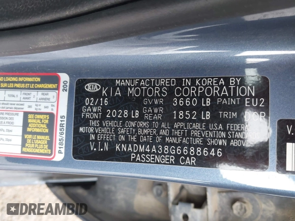 2016 Kia Rio LX with VIN KNADM4A38G6688646, listed as a IAAI auction lot 41904765 with 99,780 mi miles and . Bid and sale history available at DreamBid. Image 9.