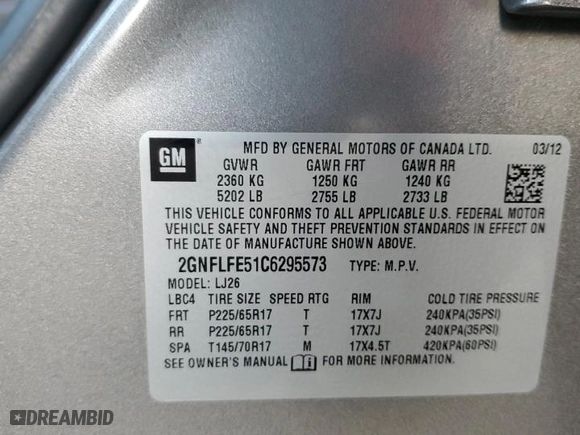 2012 Chevrolet Equinox LTZ with VIN 2GNFLFE51C6295573, listed as a Copart auction lot 46950795 with 106,742 mi miles and Salvage Title. Bid and sale history available at carsss.com. Image 13.