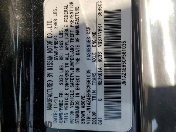2012 Nissan 370Z Touring with VIN JN1AZ4EH5CM561035, listed as a Copart auction lot 67885714 with 121,109 mi miles and Non Repairable. Bid and sale history available at carsss.com. Image 12.