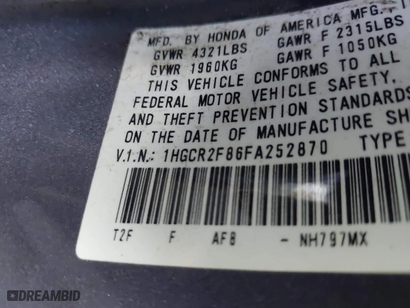 2015 Honda Accord Sedan EX-L with VIN 1HGCR2F86FA252870, listed as a IAAI auction lot 41269388 with 161,018 mi miles. Bid and sale history available at carsss.com. Image 9.