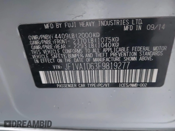 2015 Subaru WRX Premium с VIN JF1VA1D63F9819277, выставлен на аукционе IAAI как лот 41946532 с пробегом 112 783 миль миль и . История ставок и продаж доступна на DreamBid. Изображение 9.