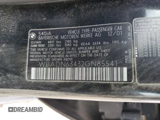2002 BMW 5 Series 540iA with VIN WBADN63432GN85541, listed as a Copart auction lot 53723715 with 0 mi miles and Salvage Title. Bid and sale history available at carsss.com. Image 12.