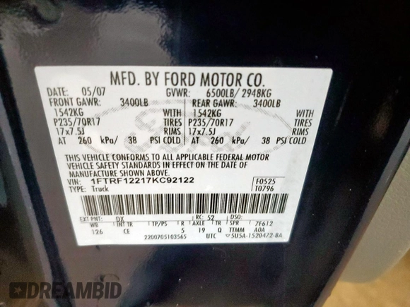 2007 Ford F-150 XL with VIN 1FTRF12217KC92122, listed as a Copart auction lot 60499615 with 110,510 mi miles and Salvage title. Bid and sale history available at DreamBid. Image 12.