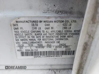 2006 Nissan Altima 2.5 with VIN 1N4AL11D86N434025, listed as a IAAI auction lot 42000845 with 123,662 mi miles and . Bid and sale history available at DreamBid. Image 9.