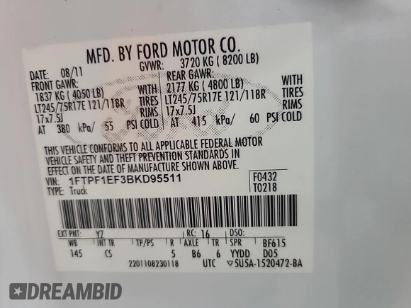 2011 Ford F-150 with VIN 1FTPF1EF3BKD95511, listed as a IAAI auction lot 42785532 with 86,006 mi miles and . Bid and sale history available at DreamBid. Image 12.