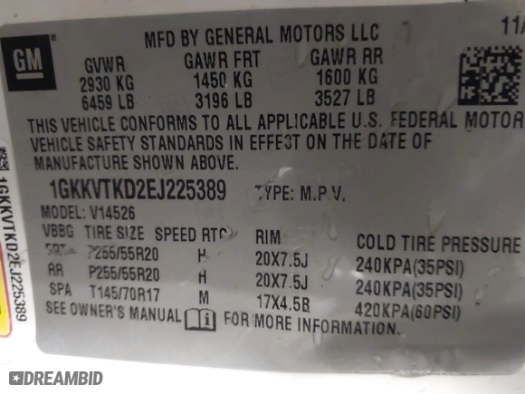 2014 GMC Acadia Denali with VIN 1GKKVTKD2EJ225389, listed as a IAAI auction lot 41718955 with 126,865 mi miles. Bid and sale history available at carsss.com. Image 9.