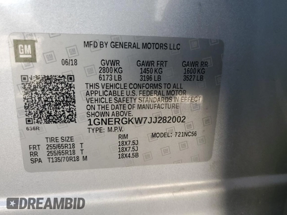 2018 Chevrolet Traverse LT Cloth with VIN 1GNERGKW7JJ282002, listed as a Copart auction lot 61564495 with 105,048 mi miles and Salvage title. Bid and sale history available at DreamBid. Image 14.
