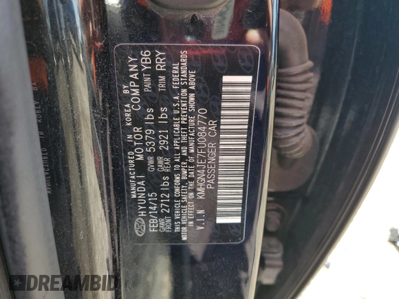 2015 Hyundai Genesis 3.8L with VIN KMHGN4JE7FU084770, listed as a Copart auction lot 50250765 with Not Provided miles and Salvage Title. Bid and sale history available at DreamBid. Image 12.