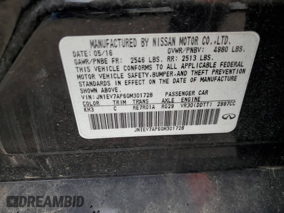 2016 Infiniti Q50 Premium с VIN JN1EV7AP6GM301728, выставлен на аукционе Copart как лот 60663765 с пробегом 91 118 миль миль и Списание • Salvage title. История ставок и продаж доступна на DreamBid. Изображение 12.
