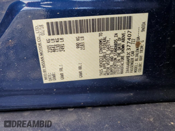 2018 Nissan Maxima SV with VIN 1N4AA6AP8JC377407, listed as a Copart auction lot 49978145 with 102,741 mi miles and Salvage Title. Bid and sale history available at DreamBid. Image 12.
