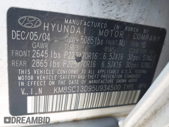 2005 Hyundai Santa Fe GLS with VIN KM8SC13D95U934500, listed as a IAAI auction lot 42190484 with 108,996 mi miles. Bid and sale history available at carsss.com. Image 9.