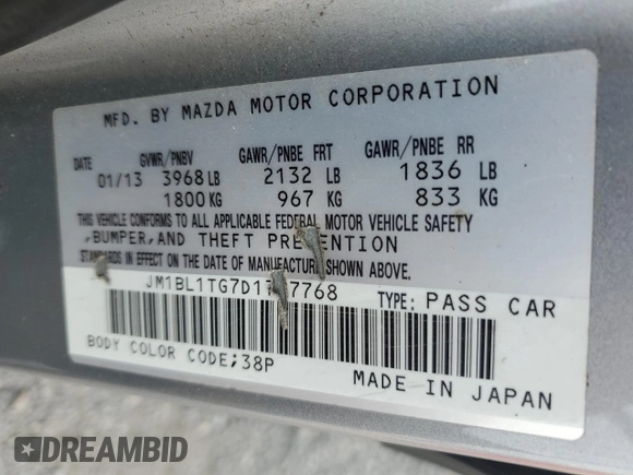 2013 Mazda 3 i SV with VIN JM1BL1TG7D1787768, listed as a Copart auction lot 65674015 with 156,577 mi miles and Salvage title. Bid and sale history available at DreamBid. Image 13.