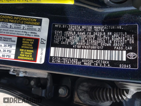 2015 Toyota Camry XLE with VIN 4T1BF1FKXFU881017, listed as a IAAI auction lot 42054825 with 122,232 mi miles and . Bid and sale history available at DreamBid. Image 9.