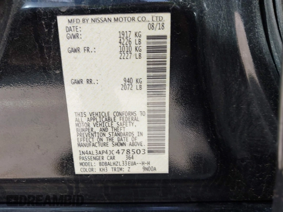 2018 Nissan Altima 2.5 SR with VIN 1N4AL3AP4JC478503, listed as a IAAI auction lot 41731574 with 134,206 mi miles. Bid and sale history available at carsss.com. Image 9.