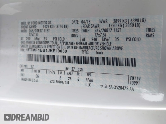 2018 Ford F-150 XL with VIN 1FTMF1EB1JKE19030, listed as a IAAI auction lot 42233745 with 193,352 mi miles and . Bid and sale history available at DreamBid. Image 9.