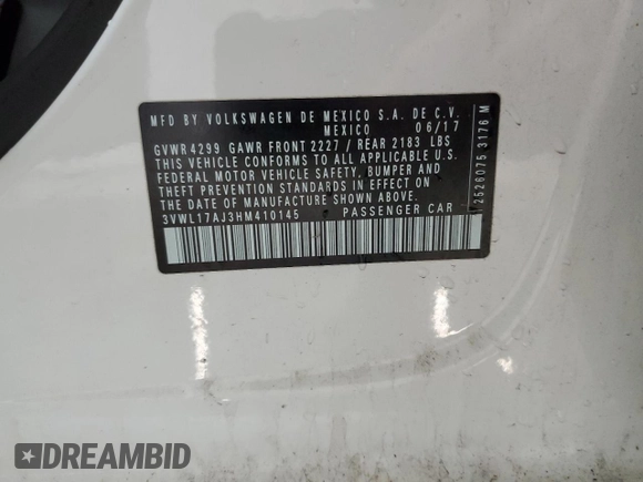 2017 Volkswagen Jetta SEL with VIN 3VWL17AJ3HM410145, listed as a Copart auction lot 58792565 with 186,732 mi miles and Salvage title. Bid and sale history available at DreamBid. Image 12.