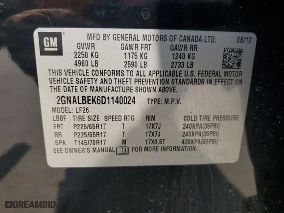 2013 Chevrolet Equinox LS with VIN 2GNALBEK6D1140024, listed as a Copart auction lot 53658135 with 179,670 mi miles and Salvage Title. Bid and sale history available at carsss.com. Image 14.