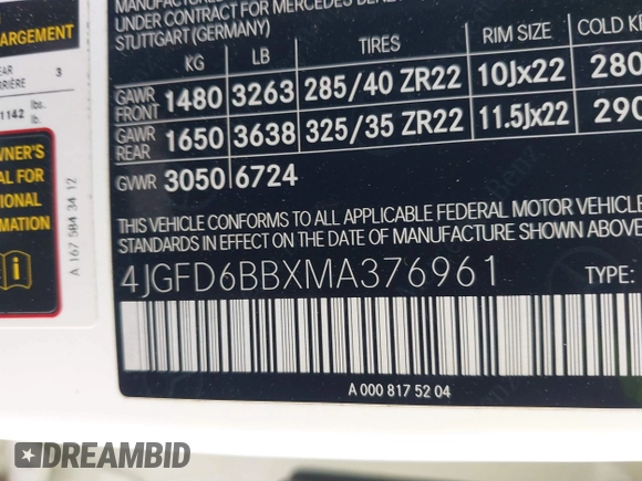 2021 Mercedes-Benz GLE 53 AMG with VIN 4JGFD6BBXMA376961, listed as a IAAI auction lot 42086876 with 66,115 mi miles and . Bid and sale history available at DreamBid. Image 9.
