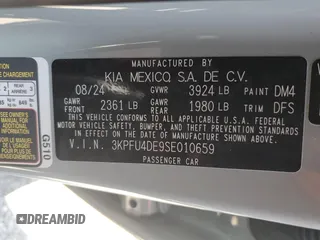 2025 Kia K4 EX with VIN 3KPFU4DE9SE010659, listed as a Copart auction lot 46650485 with 12,820 mi miles and Salvage Title. Bid and sale history available at carsss.com. Image 13.