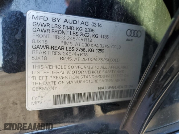 2014 Audi allroad Premium Plus with VIN WA1UFAFL4EA131340, listed as a Copart auction lot 72009354 with 55,120 mi miles and Salvage Title. Bid and sale history available at carsss.com. Image 12.