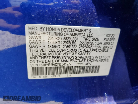 2022 Acura MDX w/A-Spec Package with VIN 5J8YE1H02NL041977, listed as a Copart auction lot 54224465 with 54,585 mi miles and Salvage title. Bid and sale history available at DreamBid. Image 13.