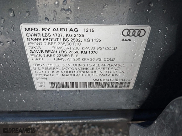 2016 Audi Q3 Premium Plus with VIN WA1BFCFSXGR014778, listed as a IAAI auction lot 41285863 with 73,044 mi miles. Bid and sale history available at carsss.com. Image 9.