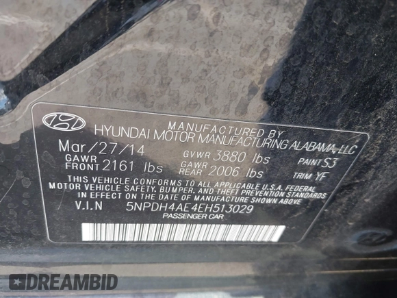2014 Hyundai Elantra SE with VIN 5NPDH4AE4EH513029, listed as a IAAI auction lot 41997586 with 108,271 mi miles and . Bid and sale history available at DreamBid. Image 9.
