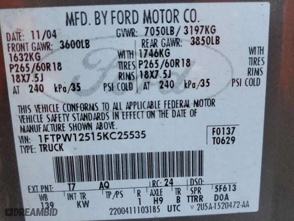 2005 Ford F-150 XLT with VIN 1FTPW12515KC25535, listed as a Copart auction lot 50210615 with 102,532 mi miles and Non Repairable. Bid and sale history available at carsss.com. Image 13.
