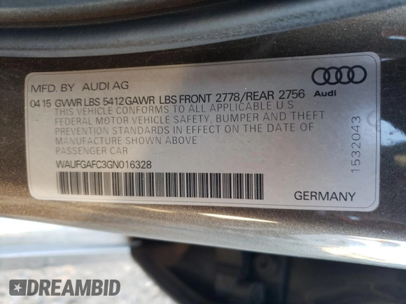 2016 Audi A6 3.0T Premium Plus with VIN WAUFGAFC3GN016328, listed as a Copart auction lot 38322563 with 133,029 mi miles. Bid and sale history available at carsss.com. Image 13.