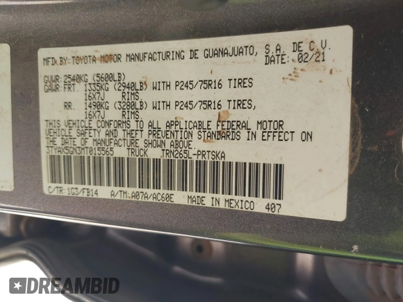 2021 Toyota Tacoma SR with VIN 3TYAX5GN3MT015565, listed as a IAAI auction lot 42241436 with 46,921 mi miles and . Bid and sale history available at DreamBid. Image 9.