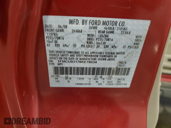 2008 Ford Escape XLT with VIN 1FMCU93178KE78034, listed as a Copart auction lot 63428455 with 194,892 mi miles and Salvage title. Bid and sale history available at DreamBid. Image 14.