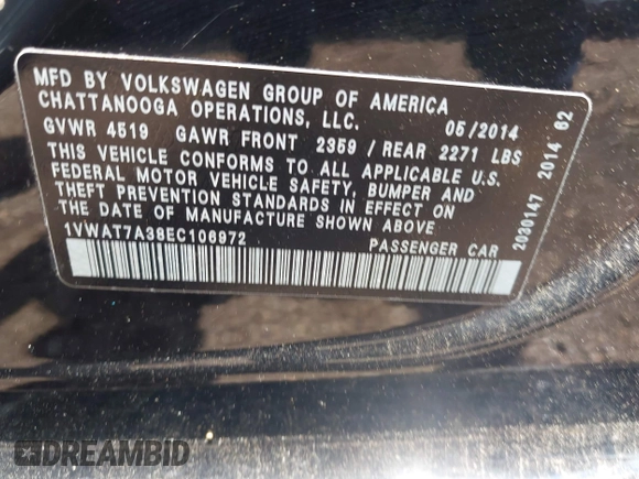 2014 Volkswagen Passat S with VIN 1VWAT7A38EC106972, listed as a IAAI auction lot 42549123 with 166,562 mi miles and . Bid and sale history available at DreamBid. Image 9.