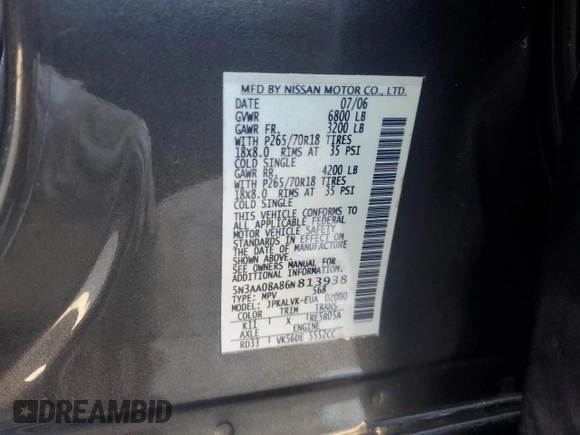 2006 Infiniti QX56 with VIN 5N3AA08A86N813938, listed as a Copart auction lot 52628725 with 0 mi miles and Clean Title. Bid and sale history available at carsss.com. Image 13.