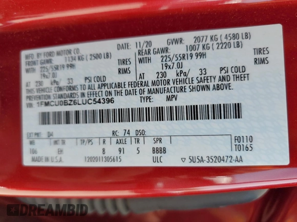 2020 Ford Escape SE Sport Hybrid with VIN 1FMCU0BZ6LUC54396, listed as a Copart auction lot 56566285 with 70,254 mi miles and Salvage title. Bid and sale history available at DreamBid. Image 13.
