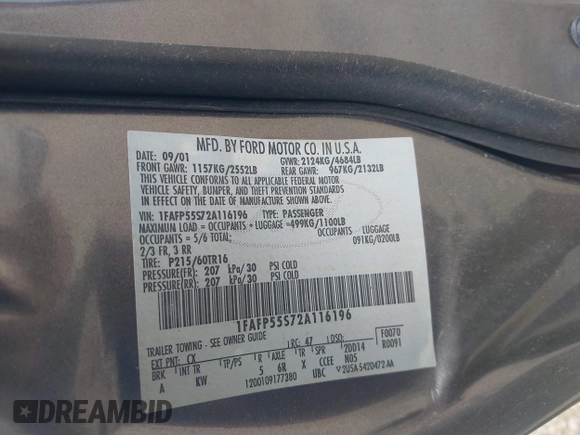 2002 Ford Taurus SES Standard with VIN 1FAFP55S72A116196, listed as a IAAI auction lot 42414312 with 173,024 mi miles and . Bid and sale history available at DreamBid. Image 9.