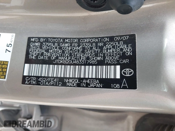 2008 Toyota Prius with VIN JTDKB20U483317985, listed as a IAAI auction lot 42077061 with 137,641 mi miles and . Bid and sale history available at DreamBid. Image 9.
