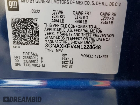 2022 Chevrolet Equinox LT with VIN 3GNAXKEV4NL228648, listed as a Copart auction lot 50583695 with 34,772 mi miles and Salvage Title. Bid and sale history available at DreamBid. Image 13.