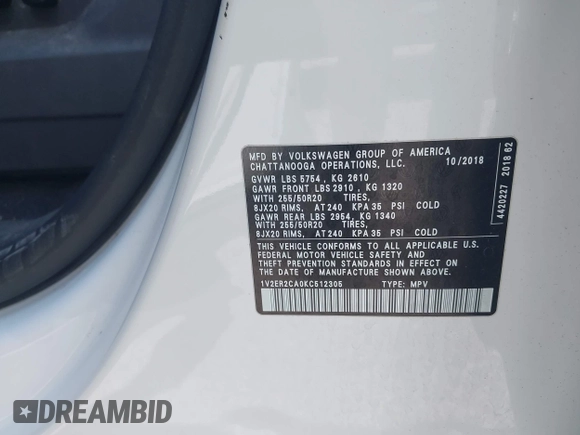 2019 Volkswagen Atlas SEL with VIN 1V2ER2CA0KC512305, listed as a IAAI auction lot 42400428 with 137,516 mi miles and . Bid and sale history available at DreamBid. Image 9.