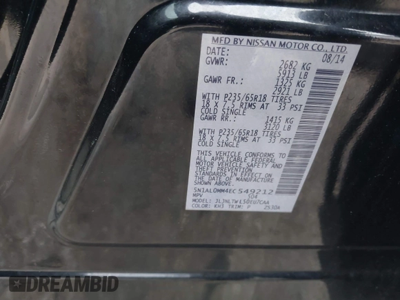2014 Infiniti QX60 with VIN 5N1AL0MM4EC549212, listed as a IAAI auction lot 41618713 with 100,039 mi miles. Bid and sale history available at carsss.com. Image 9.