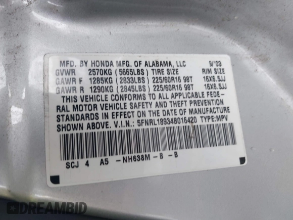 2004 Honda Odyssey EX-L with VIN 5FNRL18934B016420, listed as a IAAI auction lot 41473237 with 188,659 mi miles and . Bid and sale history available at DreamBid. Image 9.