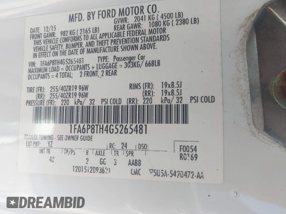 2016 Ford Mustang EcoBoost with VIN 1FA6P8TH4G5265481, listed as a IAAI auction lot 42337265 with 130,640 mi miles and . Bid and sale history available at DreamBid. Image 9.