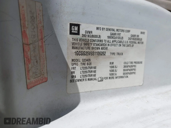 2003 Chevrolet Express Cargo with VIN 1GCGG25V931106262, listed as a IAAI auction lot 41697903 with Not Provided miles and . Bid and sale history available at DreamBid. Image 9.